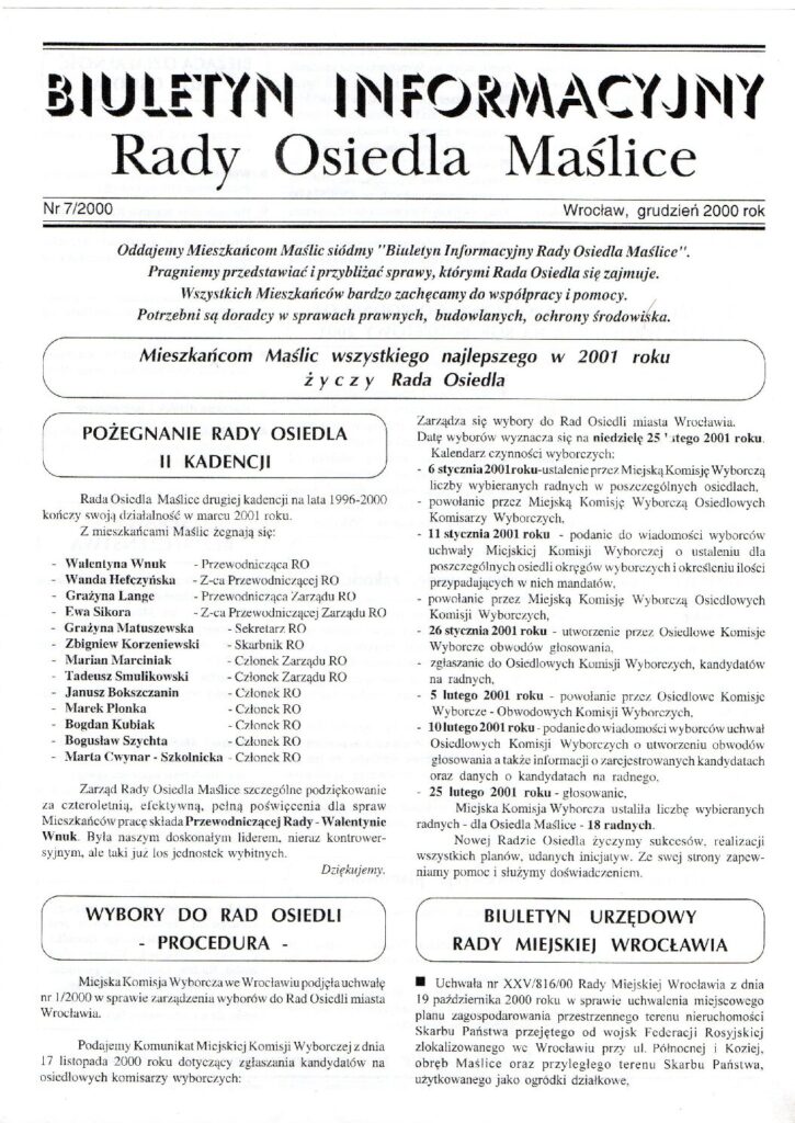 Biuletyn Informacyjny Rady Osiedla Maślice grudzień 2000