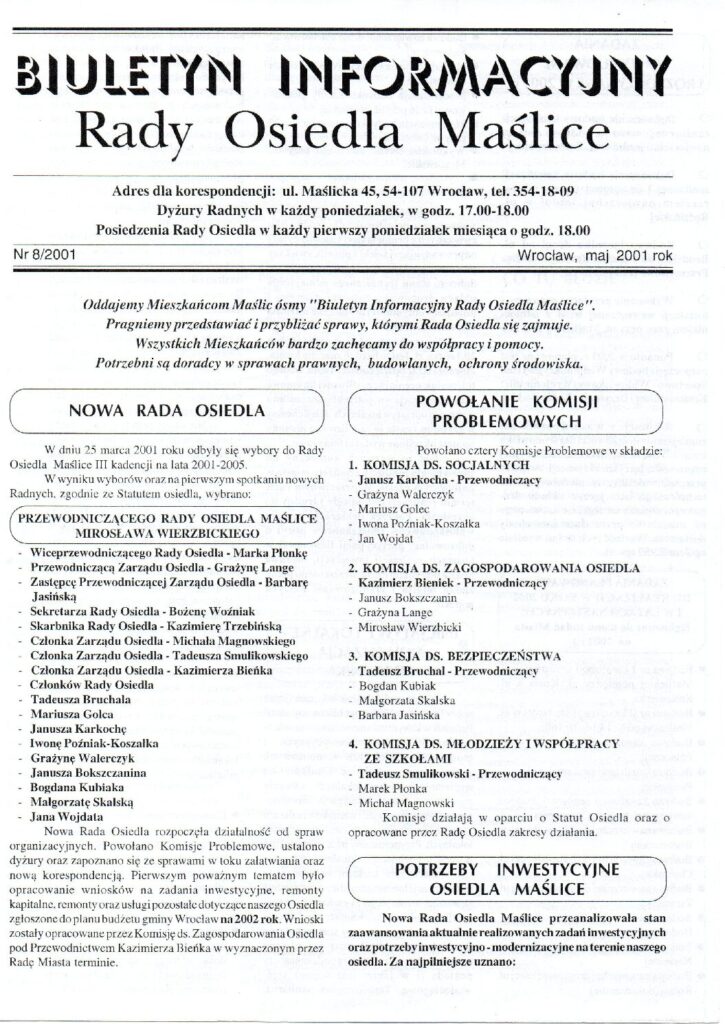 Biuletyn Informacyjny Rady Osiedla Maślice maj 2001
