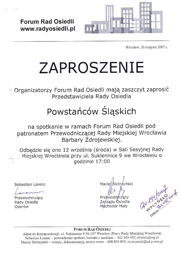 zaproszenie na pierwsze spotkanie Forum Rad Osiedli 12-09-2007